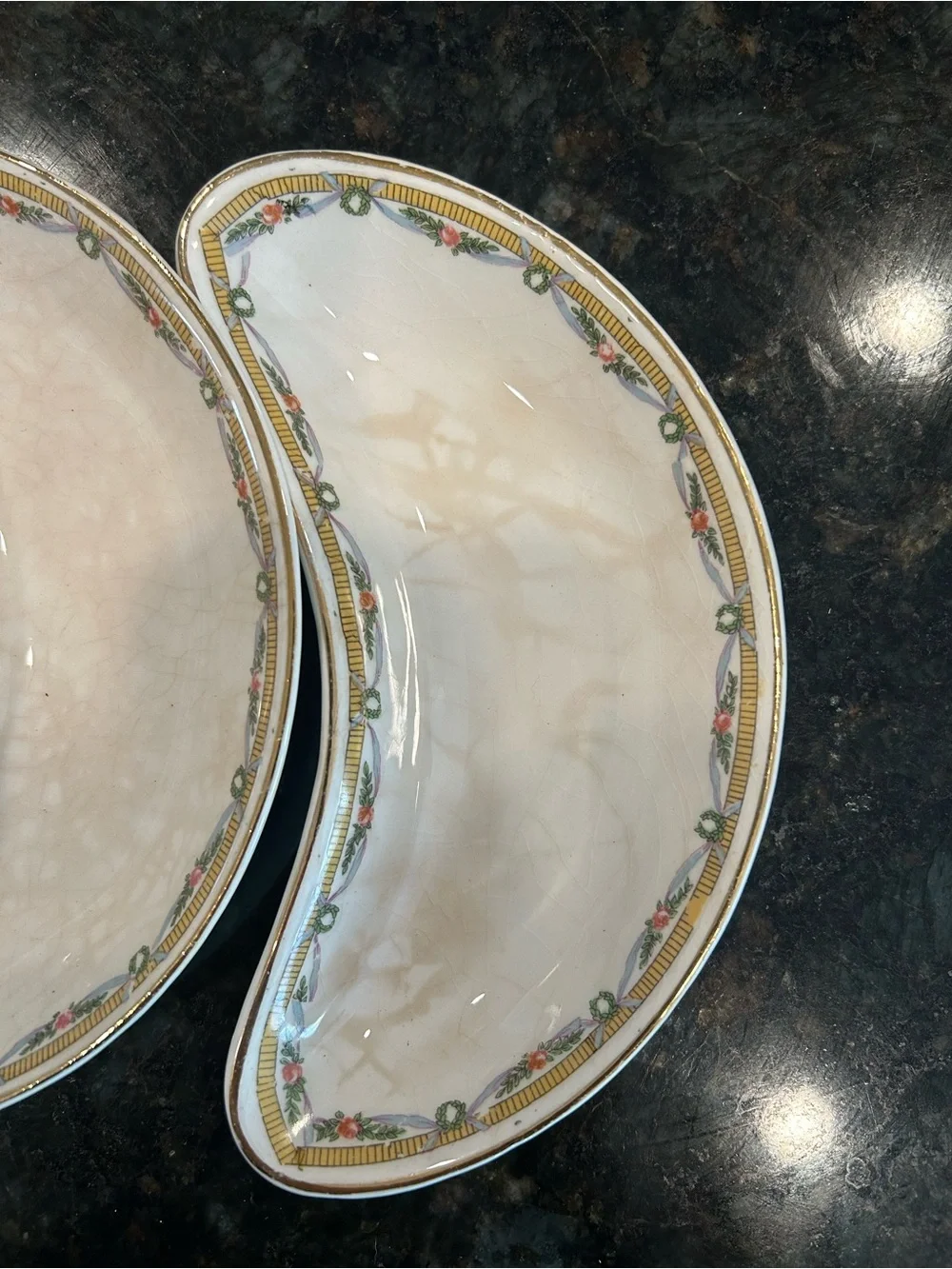 Vintage Bone Dishes Cream Crescent with Gold and Floral Border (5set)